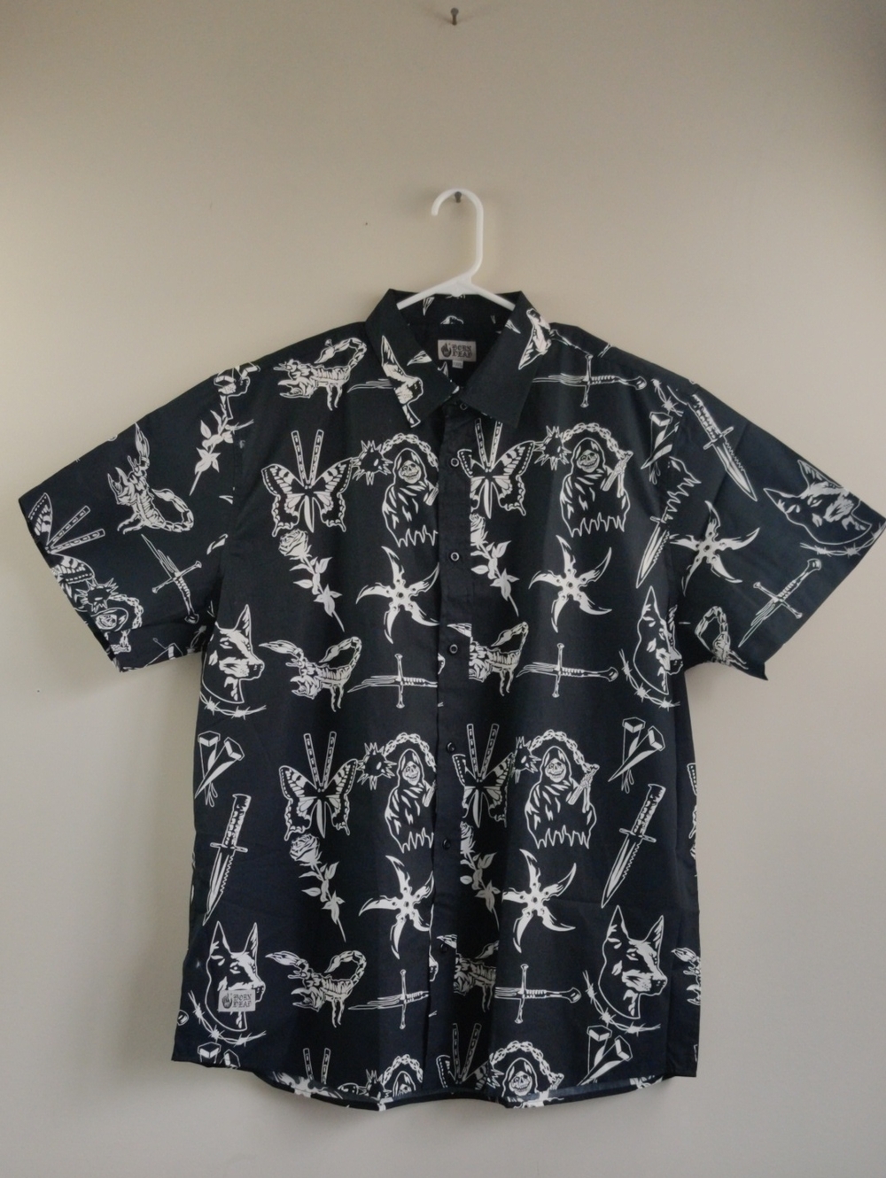 Men's Born Dead Black Short-Sleeve Button-Up Shirt with White Graphic Print